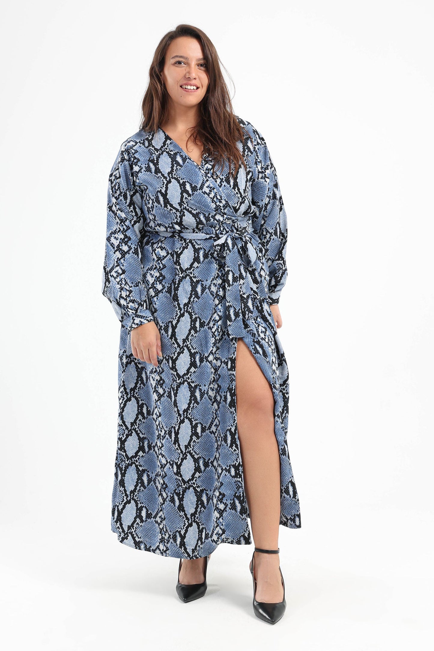 Snake Print Midi Long Sleeves Dress