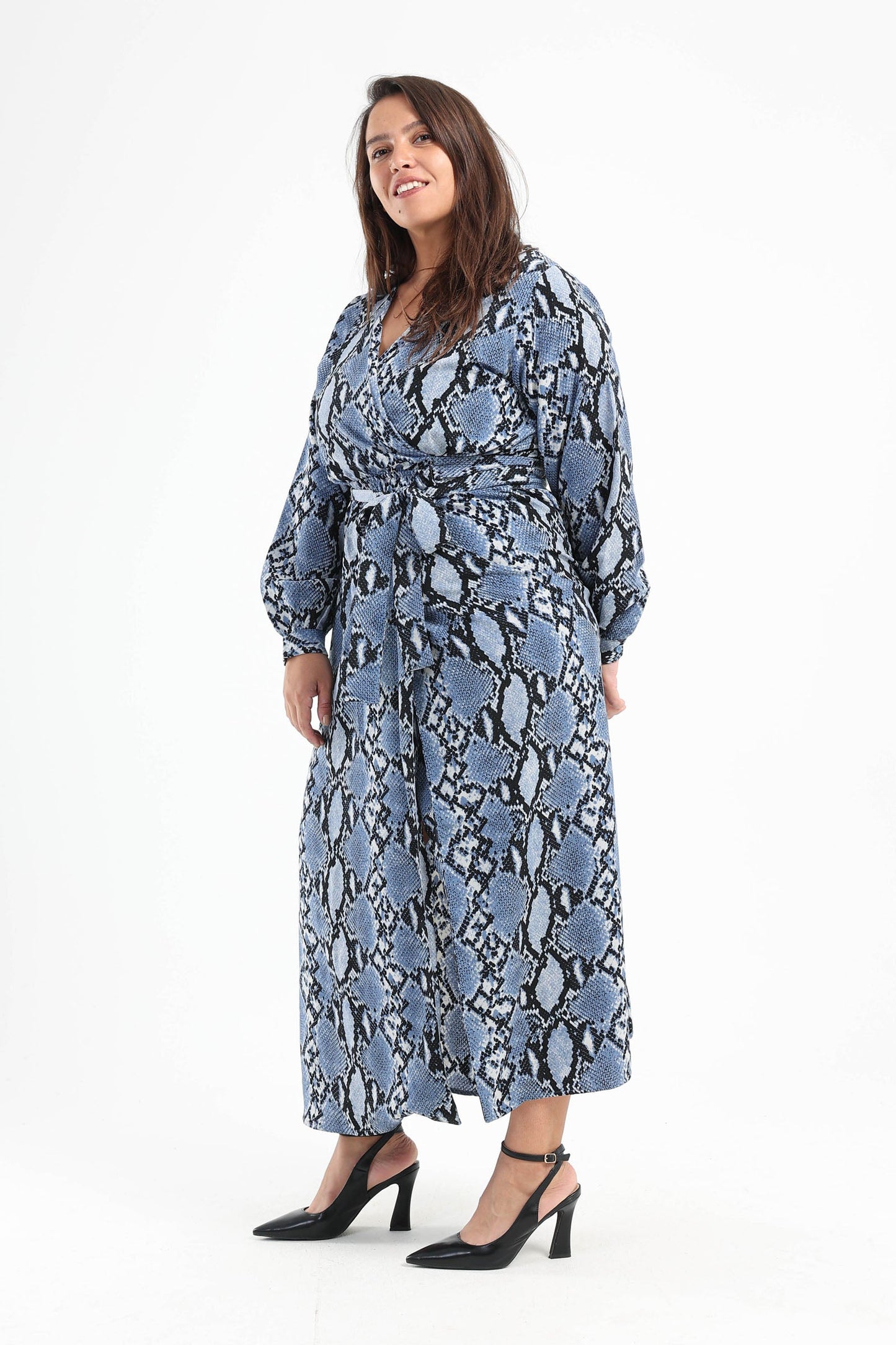 Snake Print Midi Long Sleeves Dress