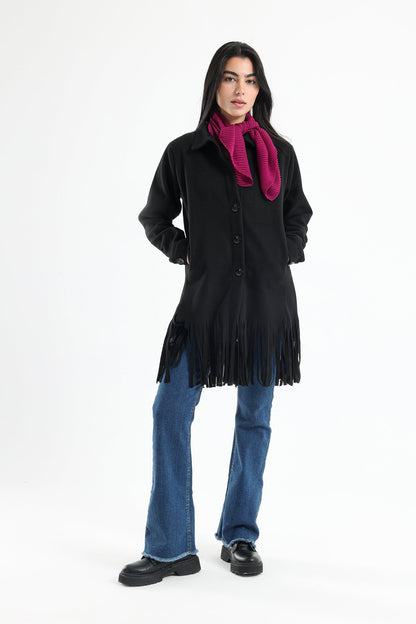 Wool Shirt with Pockets And Fringed Hem - Black