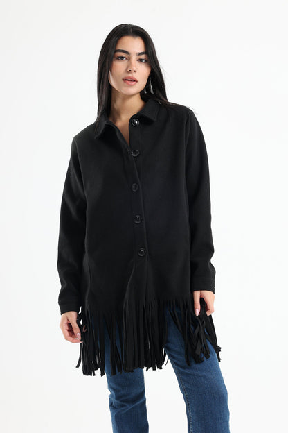 Wool Shirt with Pockets And Fringed Hem - Black