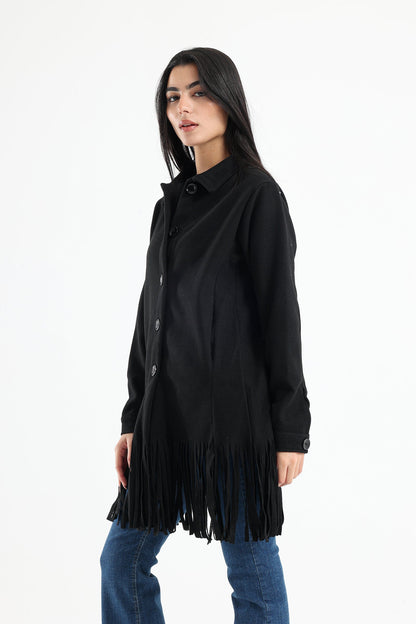 Wool Shirt with Pockets And Fringed Hem - Black