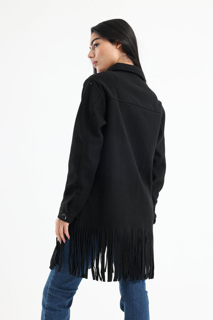 Wool Shirt with Pockets And Fringed Hem - Black