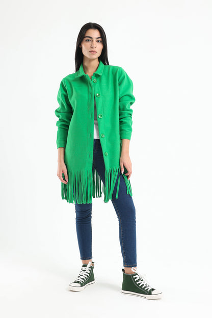 Wool Shirt with Pockets And Fringed Hem - Green