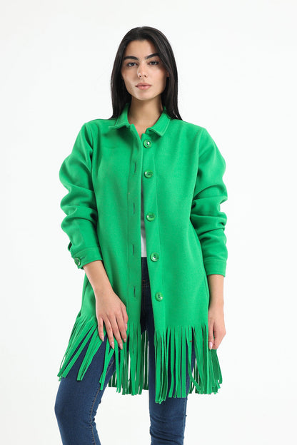 Wool Shirt with Pockets And Fringed Hem - Green