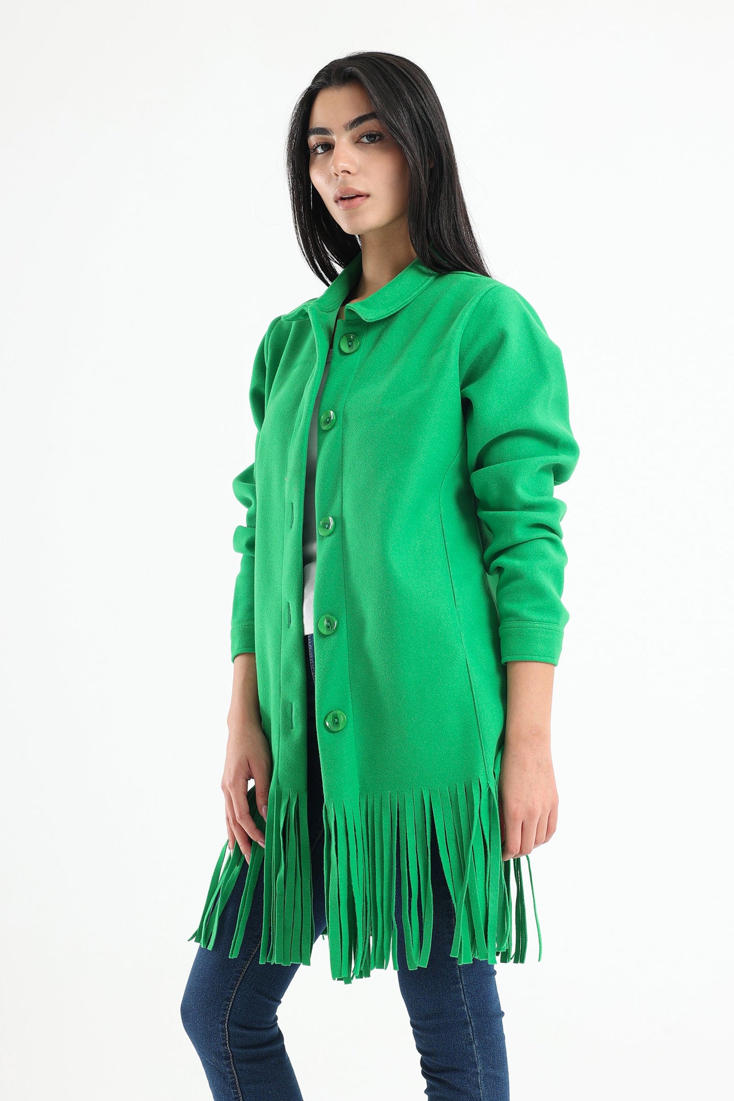 Wool Shirt with Pockets And Fringed Hem - Green