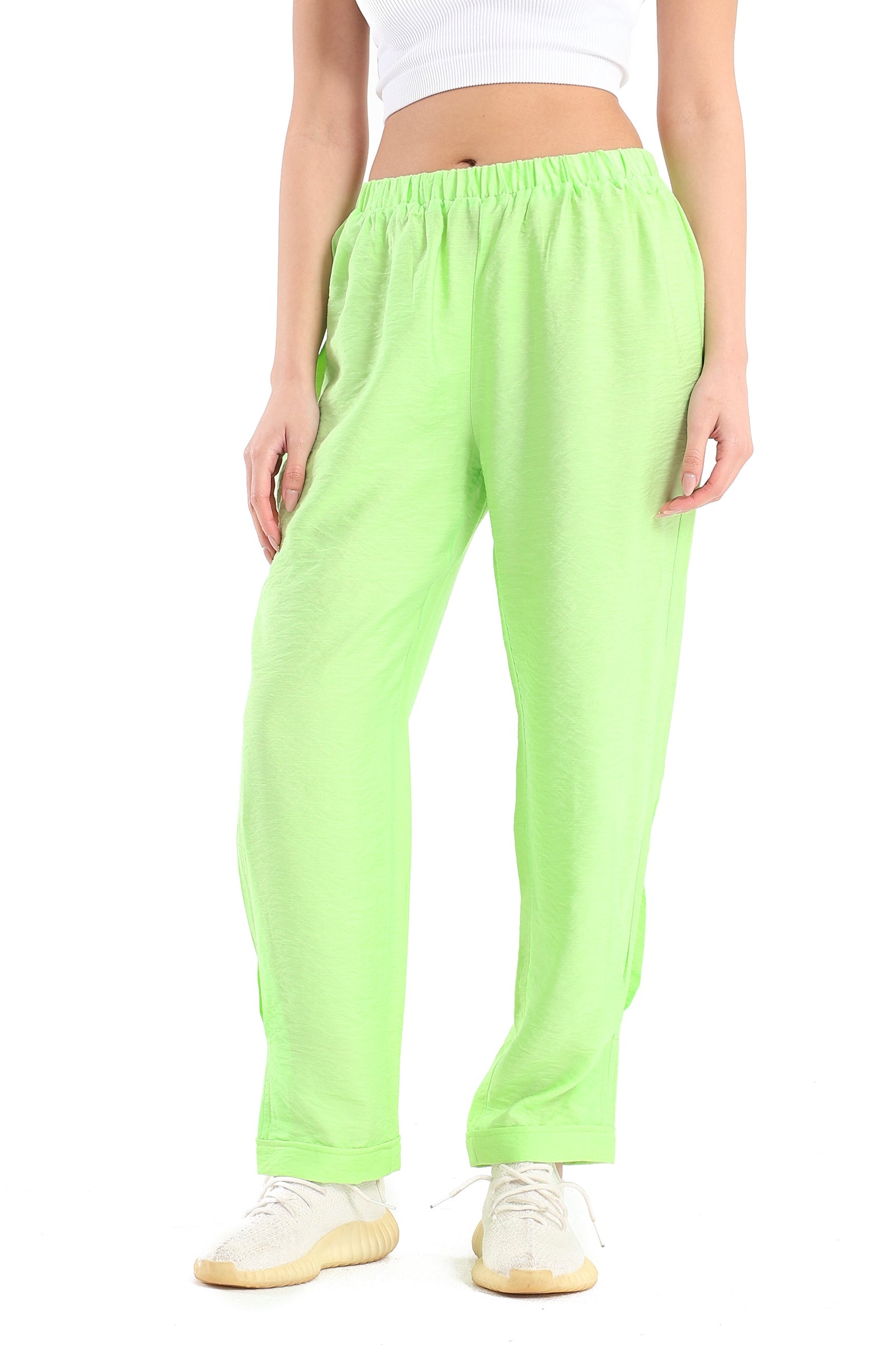Boyfriend Fit Solid Pants - Lime