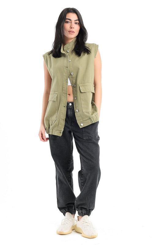 Side Pockets Denim Vest - Olive