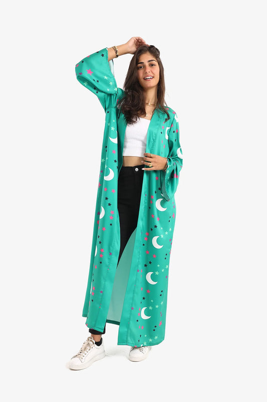 Crescents & Stars Printed Kimono - Green