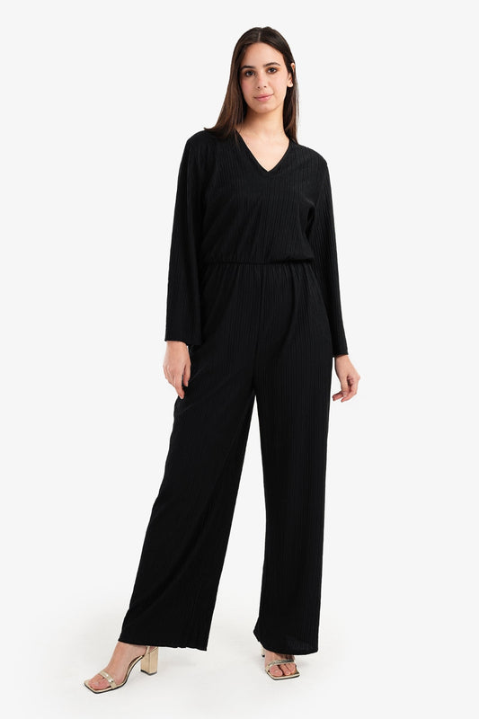 Black Pleated Satin Jumpsuit