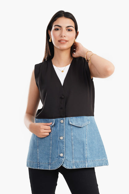 Crepe & Denim Sleeveless Vest