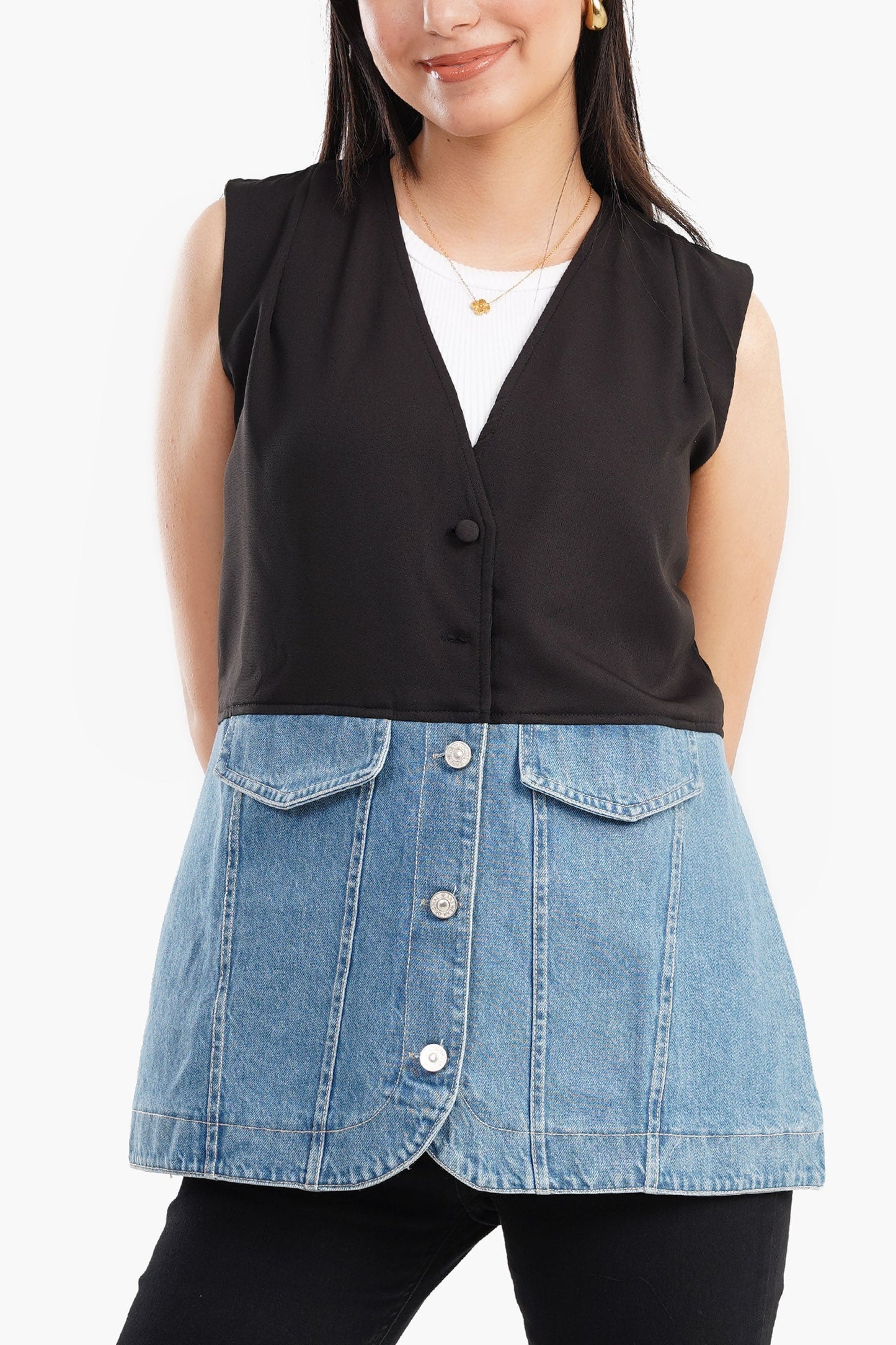 Crepe & Denim Sleeveless Vest