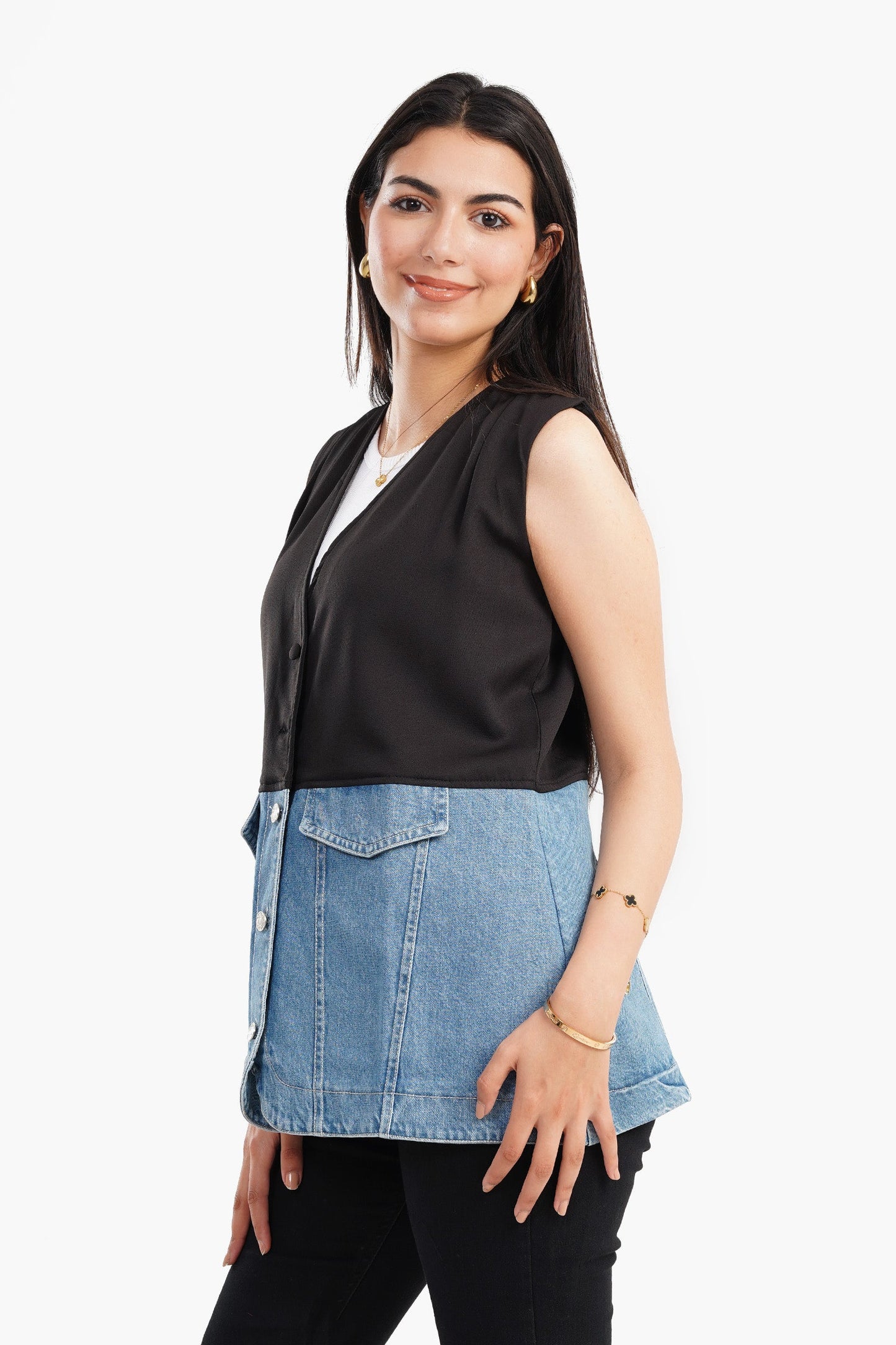 Crepe & Denim Sleeveless Vest