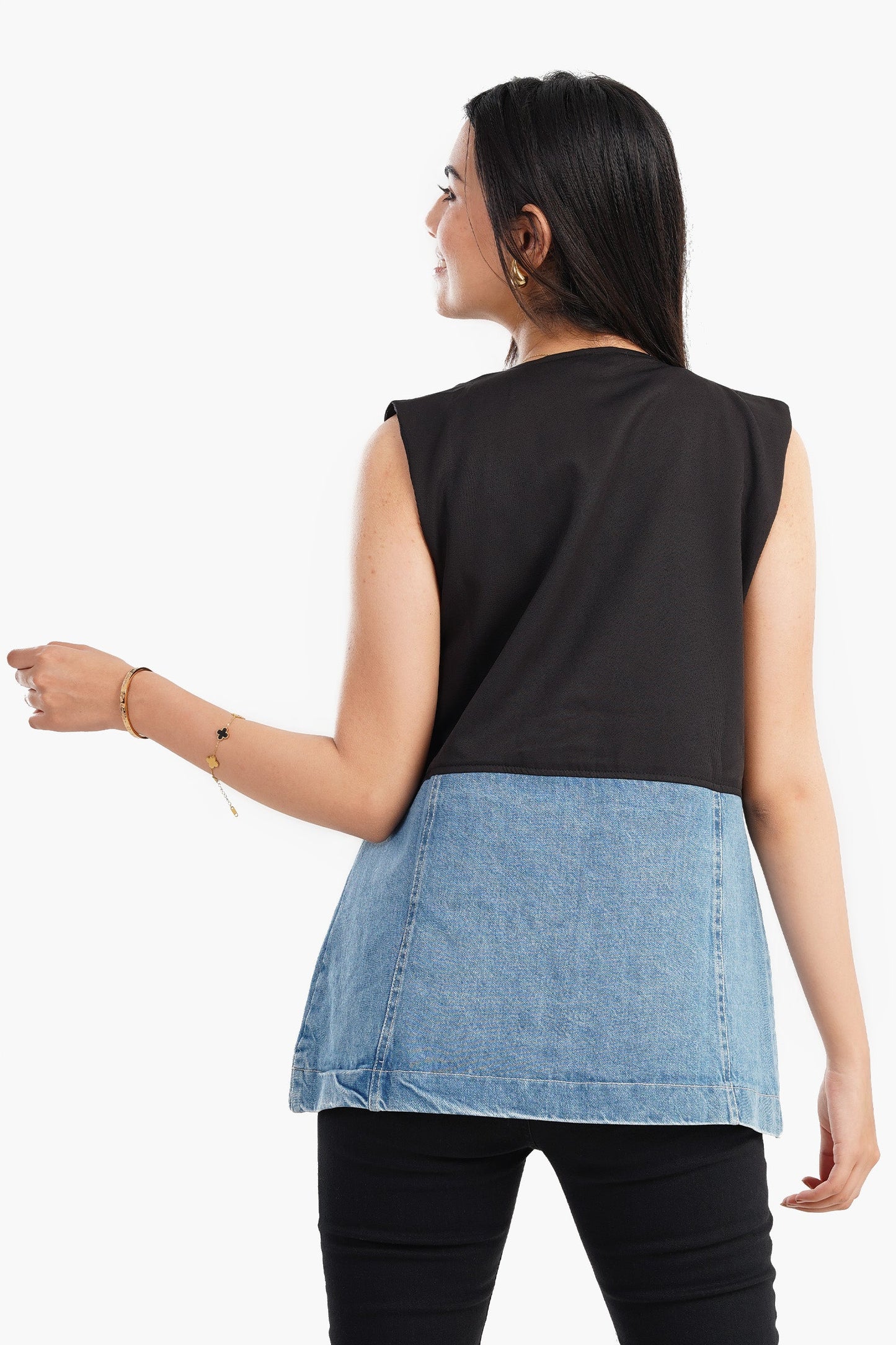 Crepe & Denim Sleeveless Vest