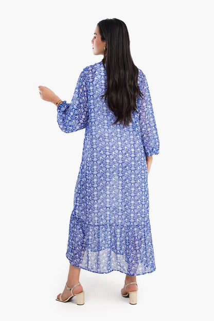 Blue Printed Chiffon Dress