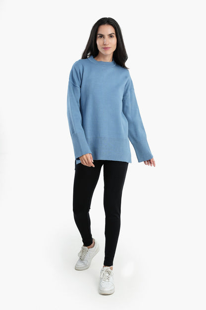 Pullover with Wide Ribbed Hem - Blue