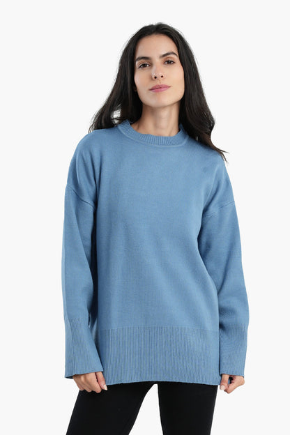 Pullover with Wide Ribbed Hem - Blue