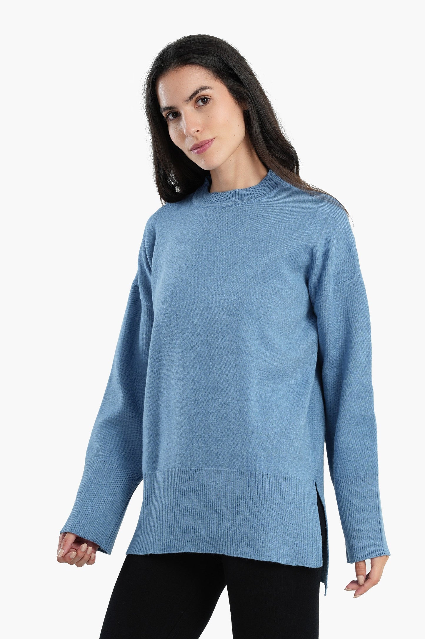 Pullover with Wide Ribbed Hem - Blue