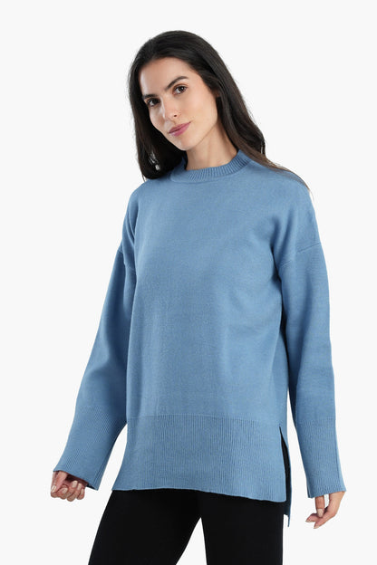 Pullover with Wide Ribbed Hem - Blue