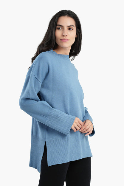 Pullover with Wide Ribbed Hem - Blue