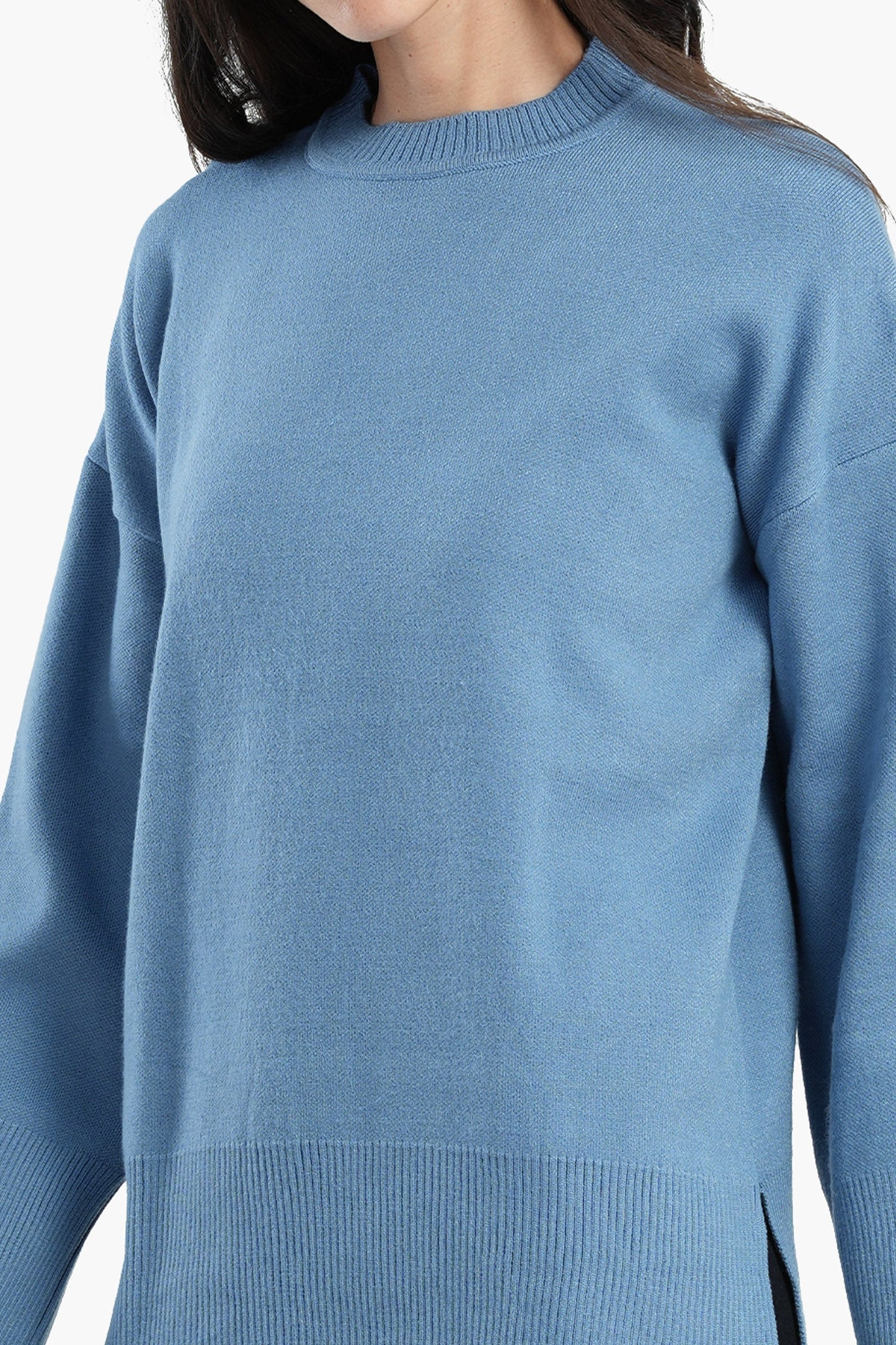 Pullover with Wide Ribbed Hem - Blue