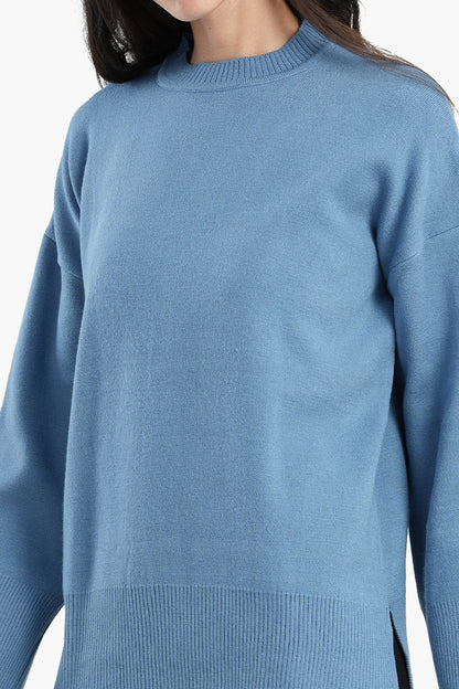 Pullover with Wide Ribbed Hem - Blue