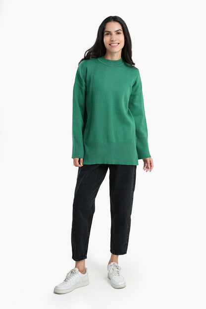 Pullover with Wide Ribbed Hem - Green