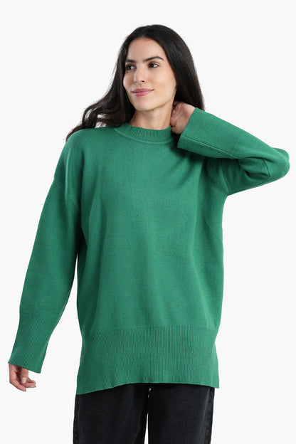 Pullover with Wide Ribbed Hem - Green