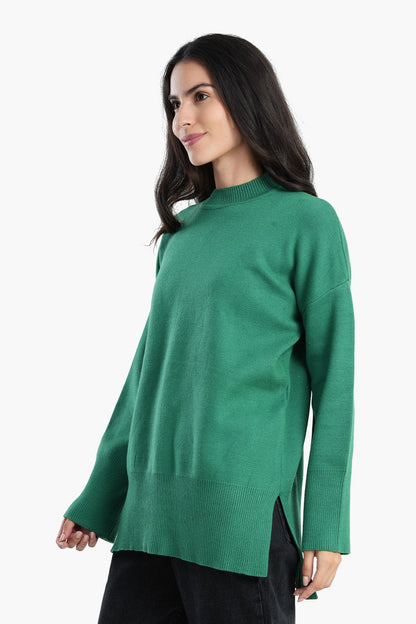 Pullover with Wide Ribbed Hem - Green