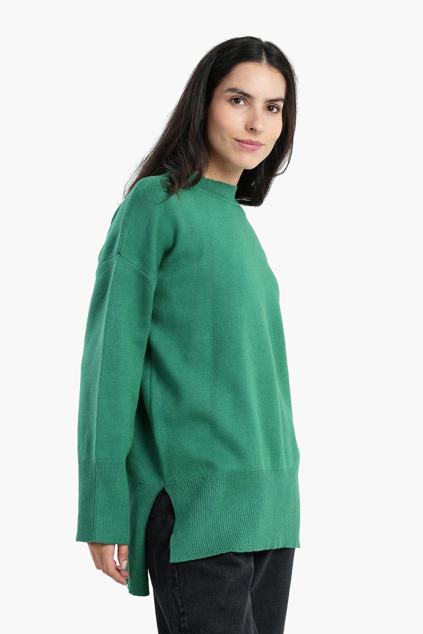 Pullover with Wide Ribbed Hem - Green