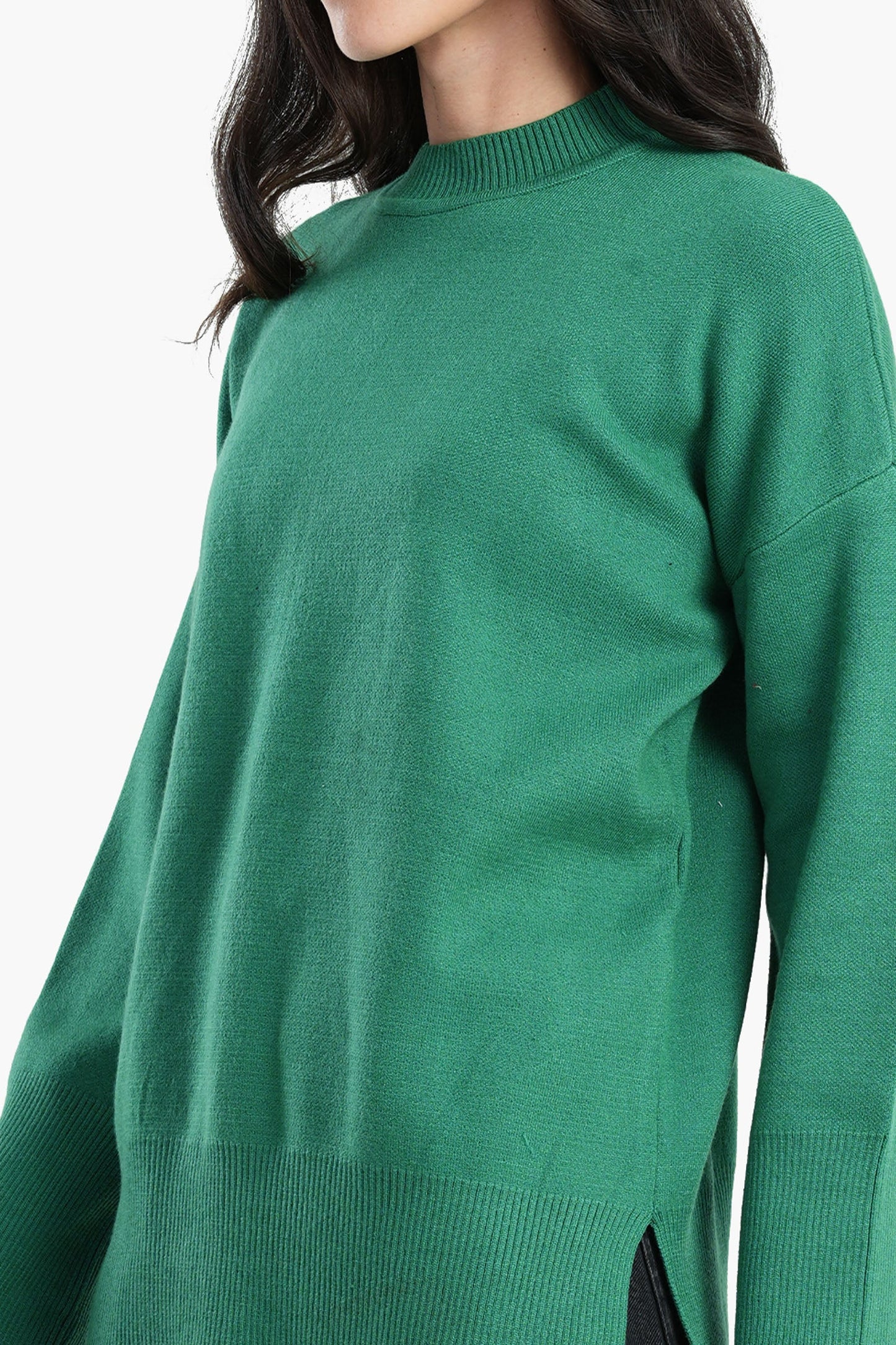 Pullover with Wide Ribbed Hem - Green