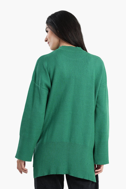 Pullover with Wide Ribbed Hem - Green