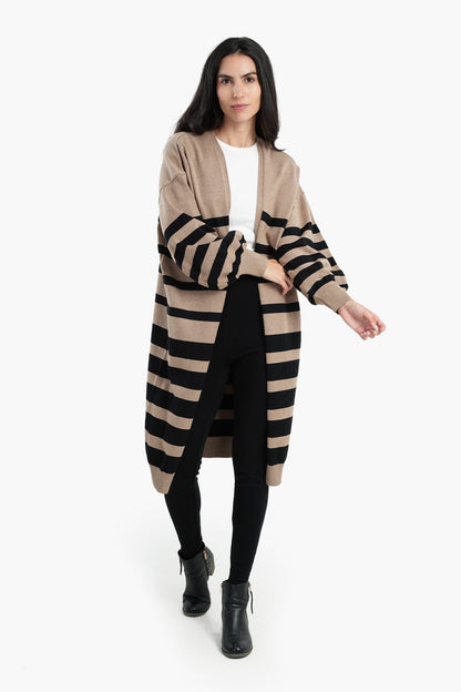 Dropped Shoulder Striped Cardigan - Camel