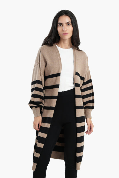 Dropped Shoulder Striped Cardigan - Camel