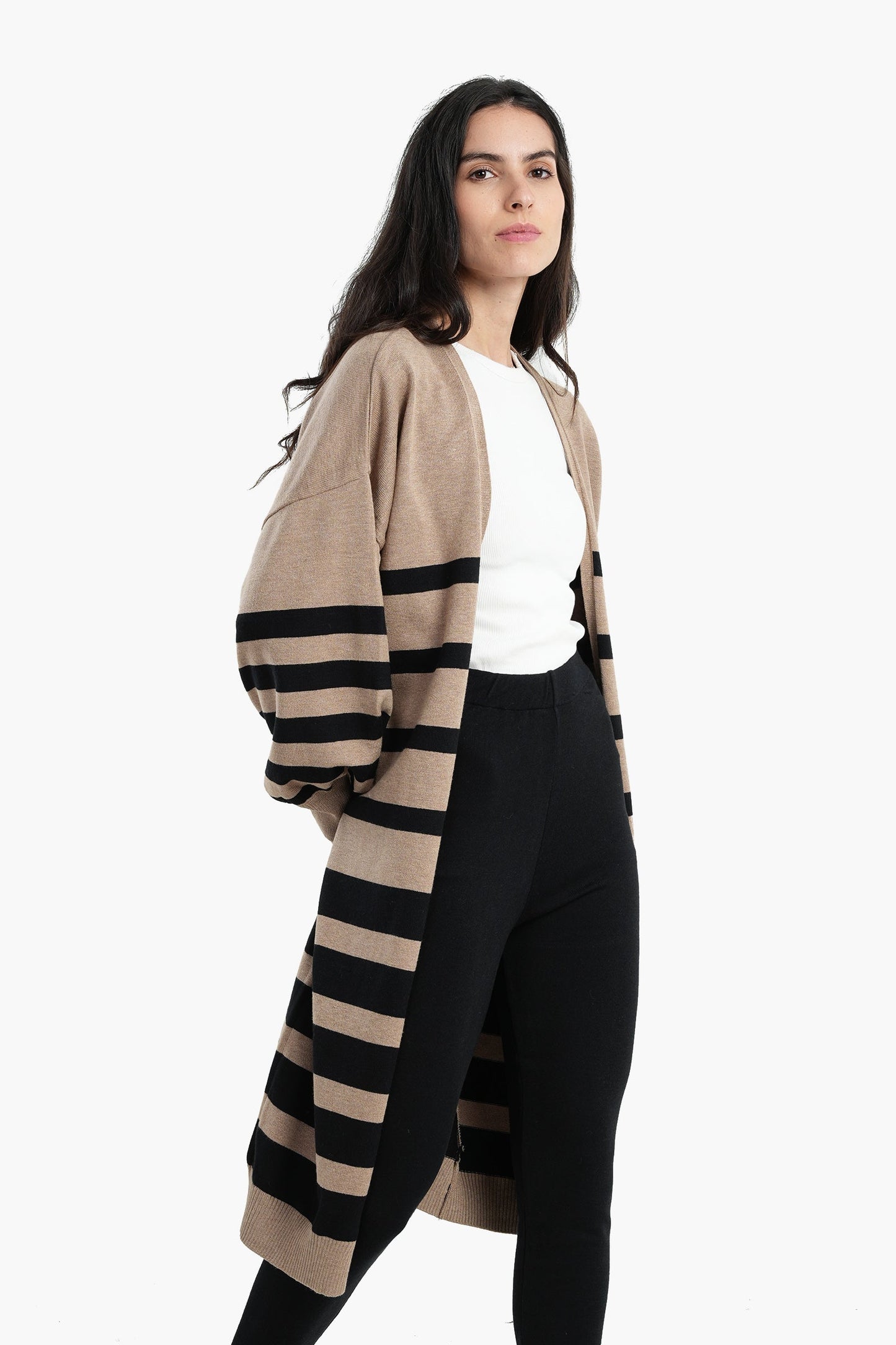 Dropped Shoulder Striped Cardigan - Camel