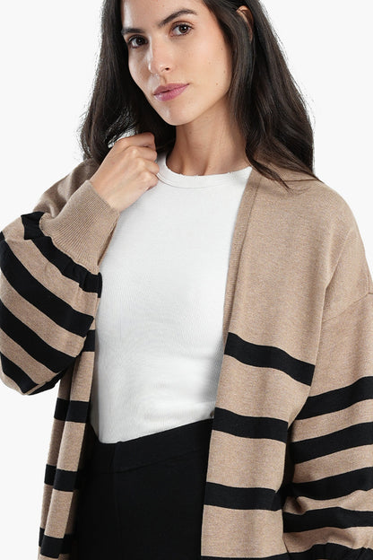 Dropped Shoulder Striped Cardigan - Camel