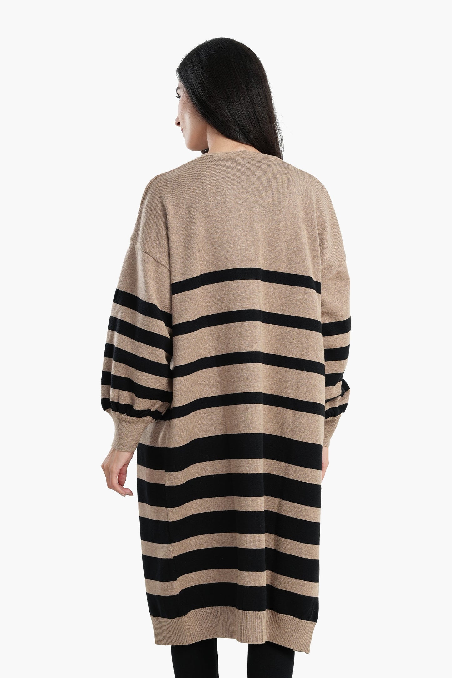 Dropped Shoulder Striped Cardigan - Camel