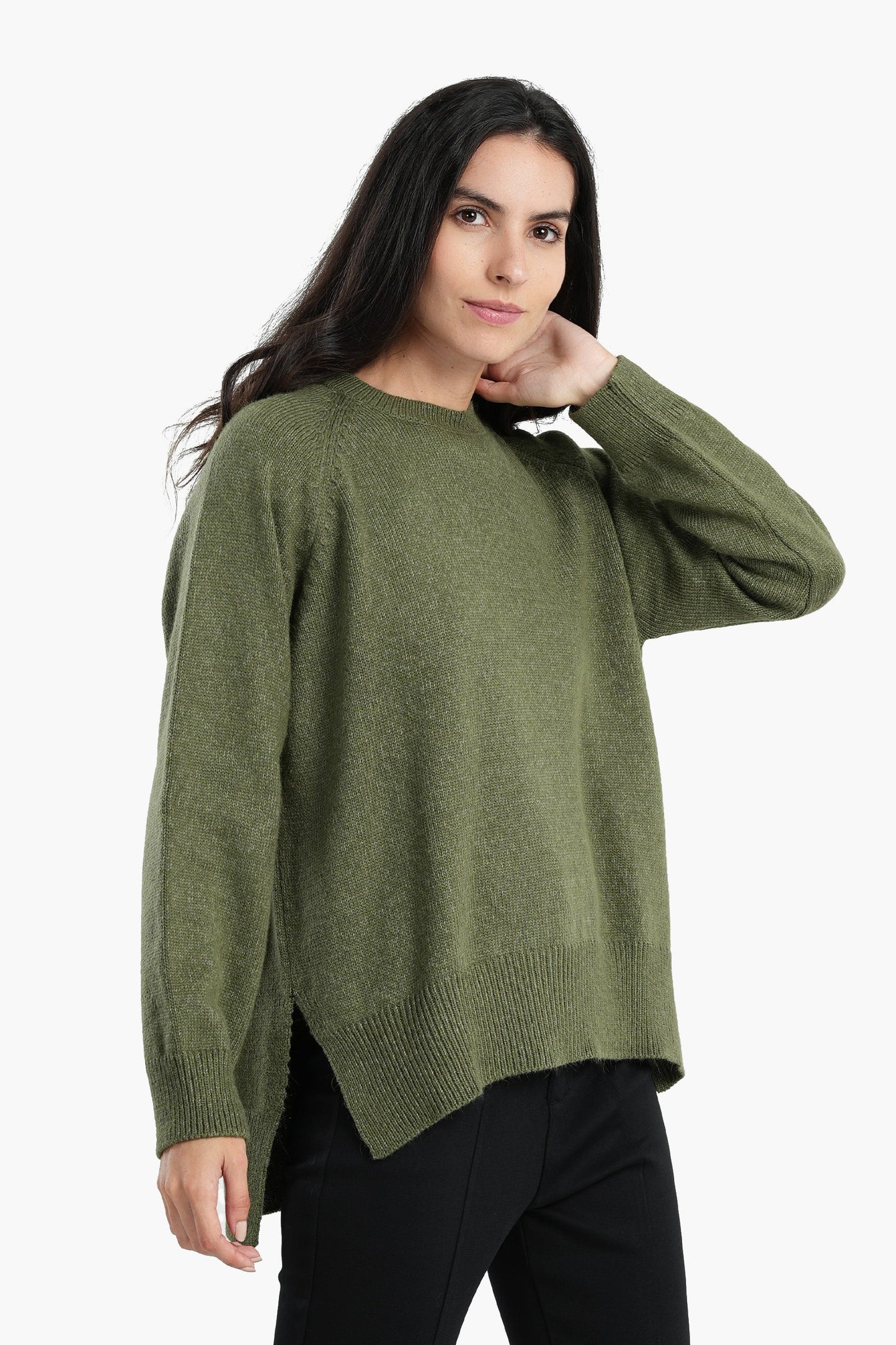 High Low Long Sleeves Pullover - Olive