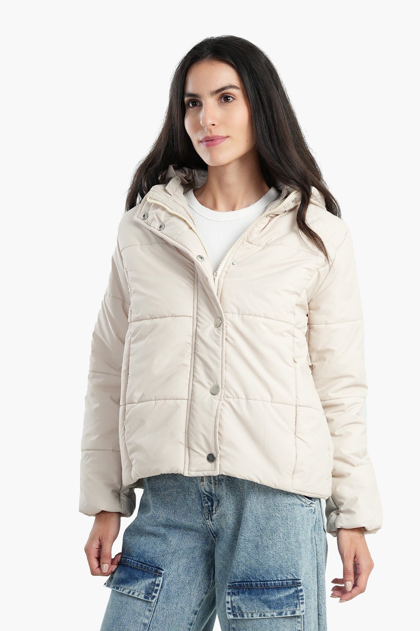 Puffed Hooded Jacket - Light Beige