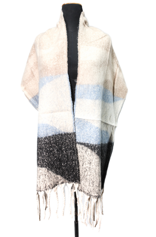 Faux Fur Colorblock Fringed Shawl - Multicolor