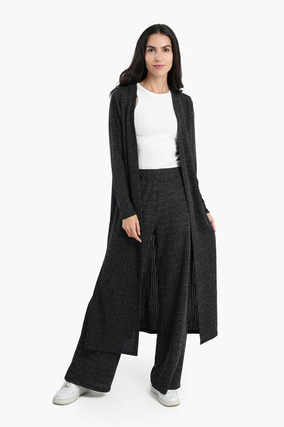 Ribbed Long Open Front Cardigan - Dark Grey