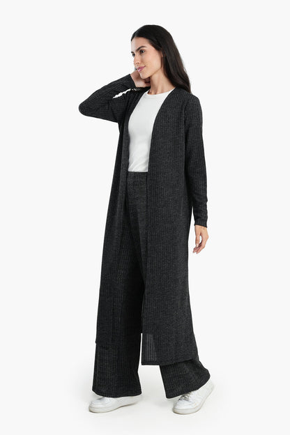 Ribbed Long Open Front Cardigan - Dark Grey