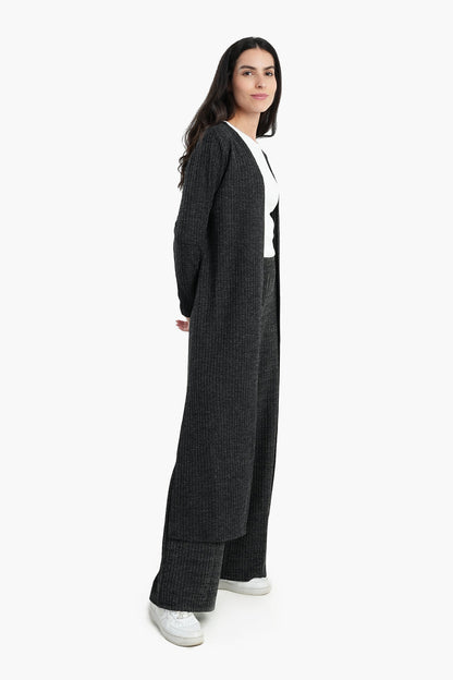 Ribbed Long Open Front Cardigan - Dark Grey