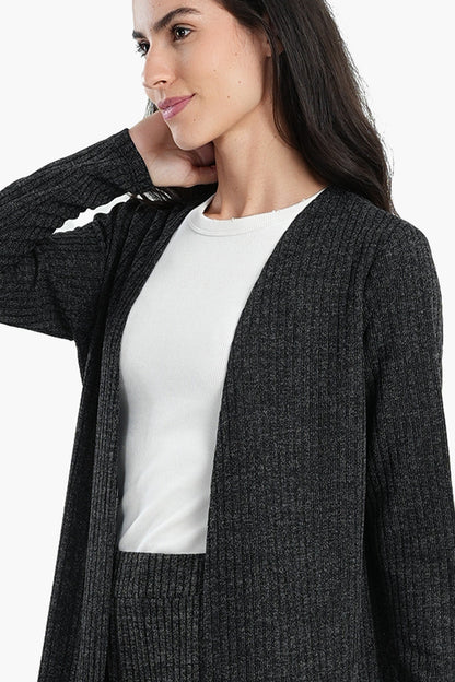 Ribbed Long Open Front Cardigan - Dark Grey