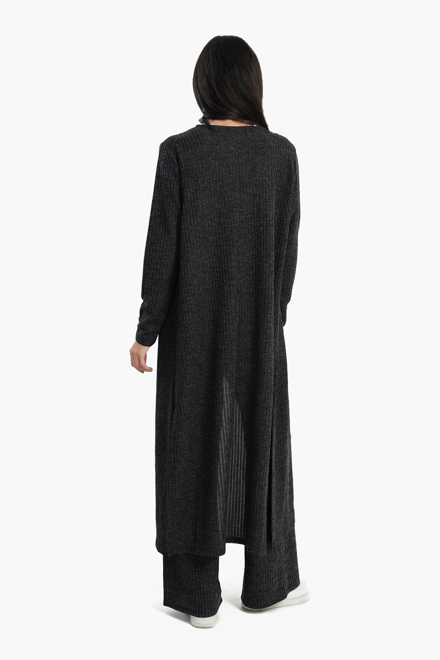 Ribbed Long Open Front Cardigan - Dark Grey