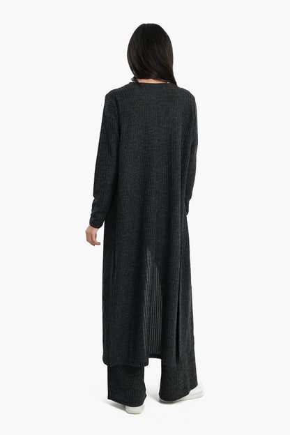 Ribbed Long Open Front Cardigan - Dark Grey