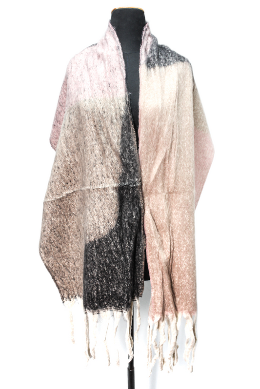 Faux Fur Colorblock Fringed Shawl - Multicolor
