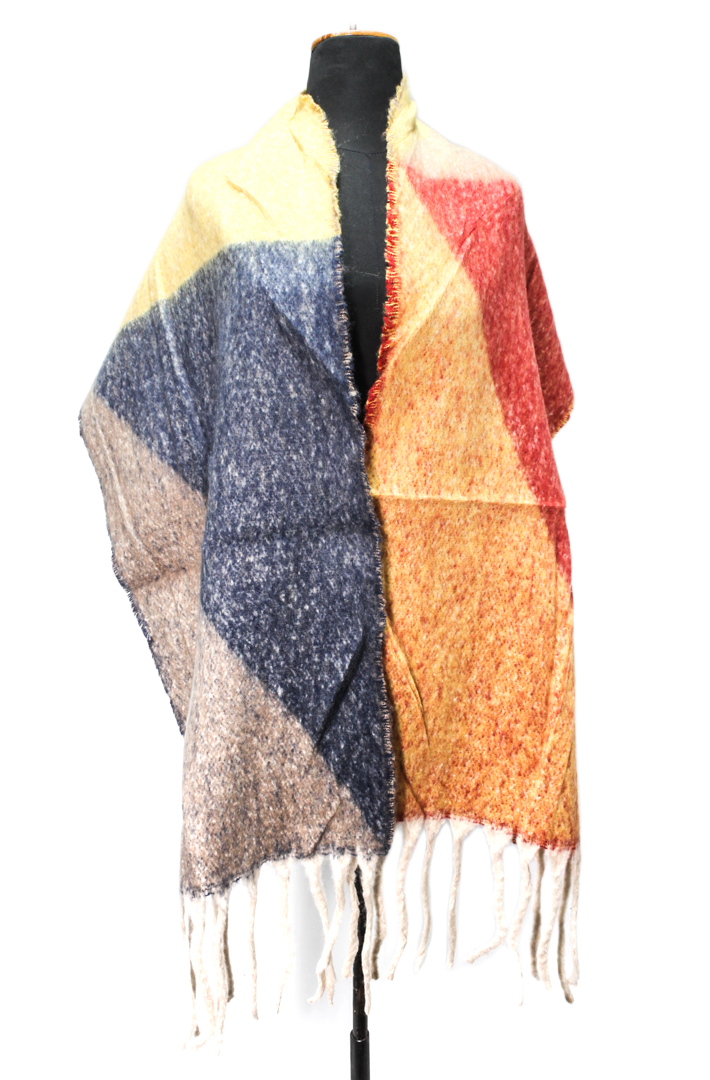 Faux Fur Colorblock Fringed Shawl - Multicolor
