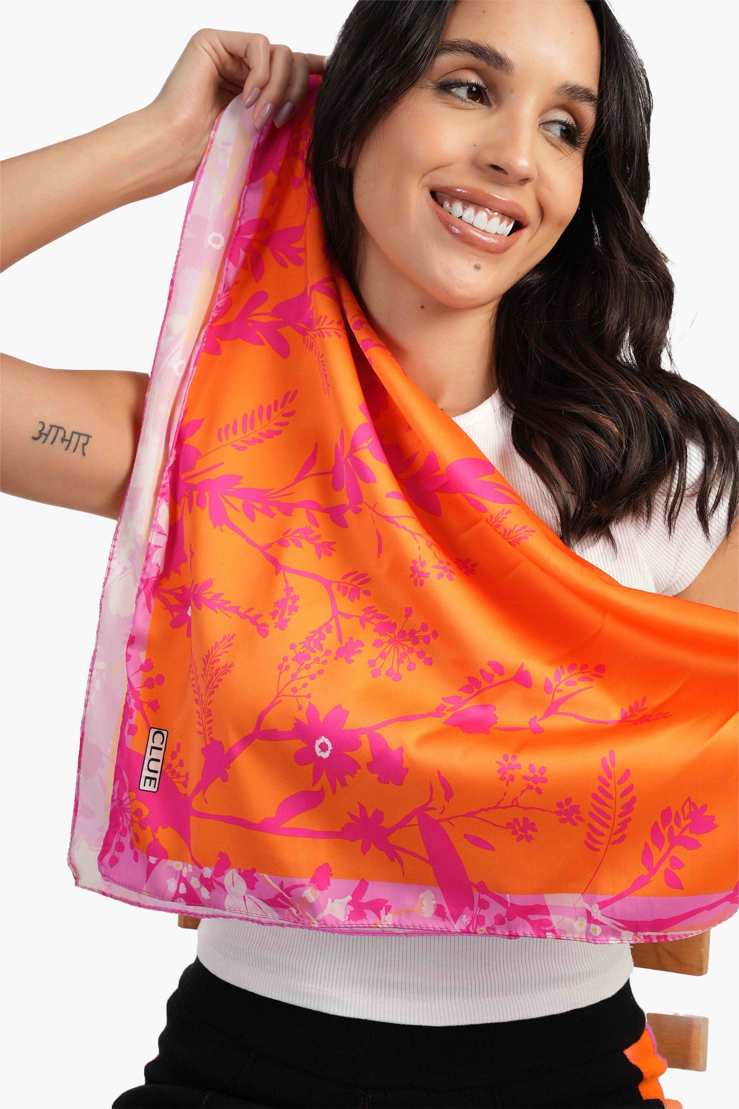 Satin Orange Printed Scarf