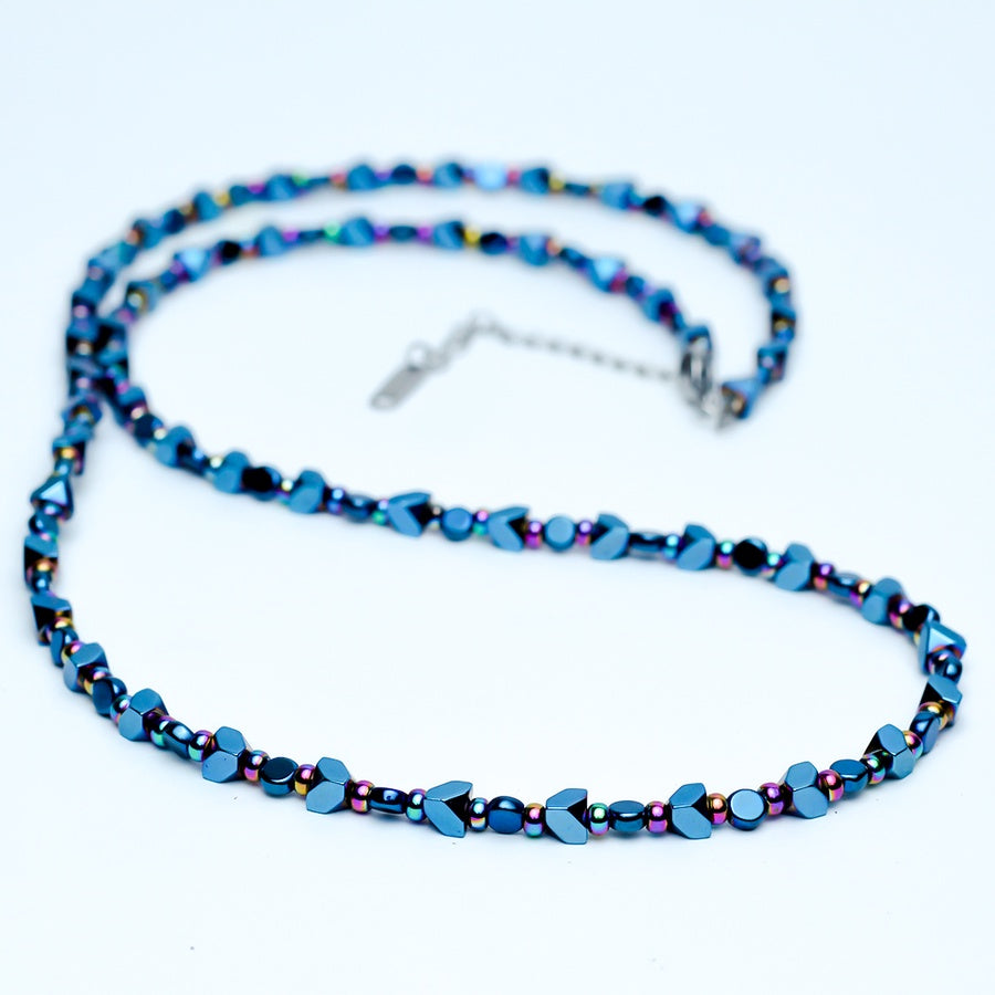 Geometric Iridescent Hematite Necklace – Blue