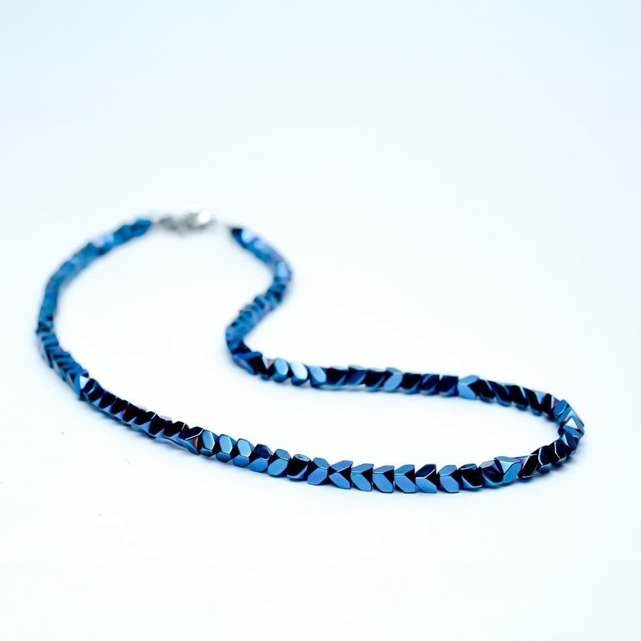 Geometric Hematite Necklace – Deep Blue & Silver